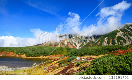 Spectacular autumn view of Midorigaike Pond and the Tateyama Mountain Range, Tateyama Kurobe Alpine Route, Murododaira, Toyama Prefecture 133191701
