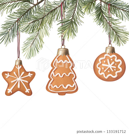 Isolated illustration set featuring hand-drawn pine branches with three hanging gingerbread cookies. Design for Christmas card border, holiday banner, festive decoration, or greeting card design. 133191712