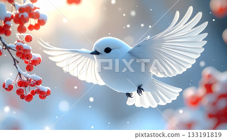 A close-up of a long-tailed tit flapping its wings in the snow A close-up of a long-tailed tit flapping its wings in the snow 133191819