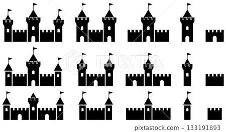 Set of vector illustrations of castles, forts and fortress icons of various shapes 133191893