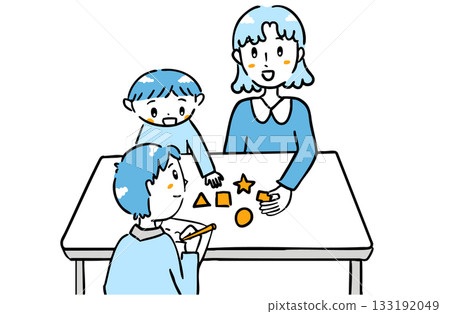 Parents and children undergoing parent training with support staff watching over them 133192049