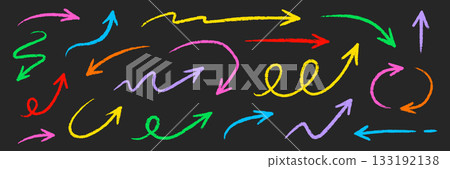 Arrow crayon pastel pencil chalk color line stroke. Sketch chalk pastel color pencil texture line kid fun arrow icon. Hand drawn grunge crayon pencil brush direction elements. Vector Arrow crayon pastel pencil chalk color line stroke. Sketch chalk pastel color pencil texture line kid fun arrow icon. Hand drawn grunge crayon pencil brush direction elements. Vector 133192138