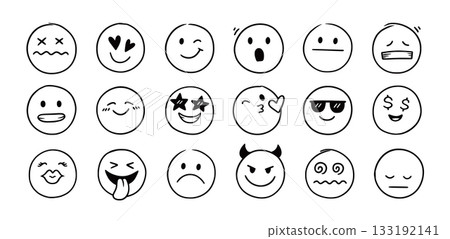 Face emoji icon set. Hand drawn doodle sketch style happy, angry, sad mood face emoticon background. Funny cartoon characters smile, wink, kiss emoji. Cute line emotion element. Vector 133192141