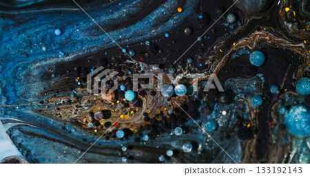 Paint liquid. Oil texture. Blur blue orange color dark black purple bubble glitter round acrylic flow splash floating on abstract art background. 133192143