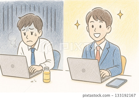 “對比圖描繪了應屆畢業生第一年工作的利弊 | 疲憊員工和積極員工的工作風格圖片（彩色鉛筆畫風格）” 133192167
