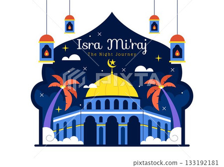 Isra Mi'raj Vector Illustration, featuring The Night Journey Of Prophet Muhammad With Mosque And Lantern In An Islamic Holiday Flat Background Isra Mi'raj Vector Illustration, featuring The Night Journey Of Prophet Muhammad With Mosque And Lantern In An Islamic Holiday Flat Background 133192181