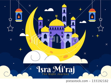 Isra Mi'raj Vector Illustration, featuring The Night Journey Of Prophet Muhammad With Mosque And Lantern In An Islamic Holiday Flat Background Isra Mi'raj Vector Illustration, featuring The Night Journey Of Prophet Muhammad With Mosque And Lantern In An Islamic Holiday Flat Background 133192182