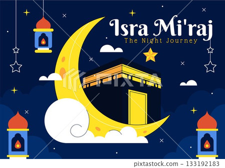 Isra Mi'raj Vector Illustration, featuring The Night Journey Of Prophet Muhammad With Mosque And Lantern In An Islamic Holiday Flat Background 133192183