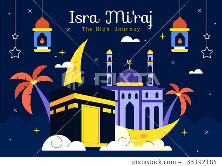 Isra Mi'raj Vector Illustration, featuring The Night Journey Of Prophet Muhammad With Mosque And Lantern In An Islamic Holiday Flat Background Isra Mi'raj Vector Illustration, featuring The Night Journey Of Prophet Muhammad With Mosque And Lantern In An Islamic Holiday Flat Background 133192185