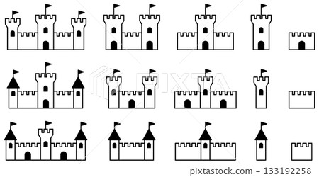Set of vector illustrations of castles, forts and fortress icons of various shapes Set of vector illustrations of castles, forts and fortress icons of various shapes 133192258