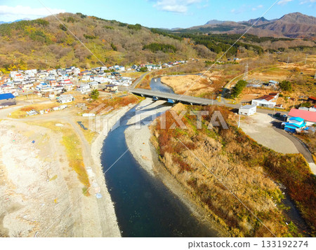 Aerial view of the scenery near the mouth of the Ainuma River in Kumaishi, Yakumo Town, Hokkaido in late autumn 133192274