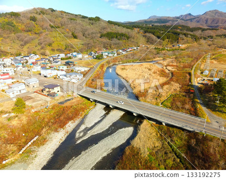 Aerial view of the scenery near the mouth of the Ainuma River in Kumaishi, Yakumo Town, Hokkaido in late autumn 133192275