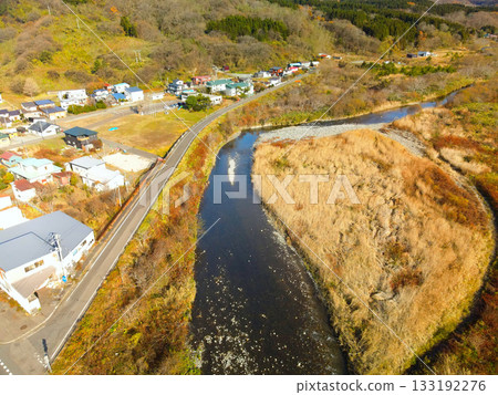 Aerial view of the scenery near the mouth of the Ainuma River in Kumaishi, Yakumo Town, Hokkaido in late autumn 133192276