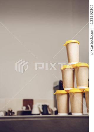 Stack of Coffee Cups on Counter Stack of Coffee Cups on Counter 133192365