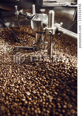 Roasted Coffee Beans on Cooling Tray Agitator Roasted Coffee Beans on Cooling Tray Agitator 133192448