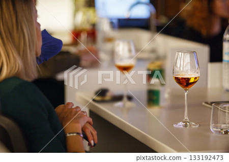 Indoor Cloes Up Photo of Beer Sommelier Passes Training for get the Certification. Training about Basic Concepts Of Craft Beer and Brewing 133192473