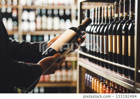 Faceless Person Holds Taking from Shelf Bottle of Wine in Store, Close up Faceless Person Holds Taking from Shelf Bottle of Wine in Store, Close up 133192494