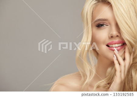Blonde hair european woman with clean skin natural beauty female portrait with free copy space fot your text Blonde hair european woman with clean skin natural beauty female portrait with free copy space fot your text 133192585