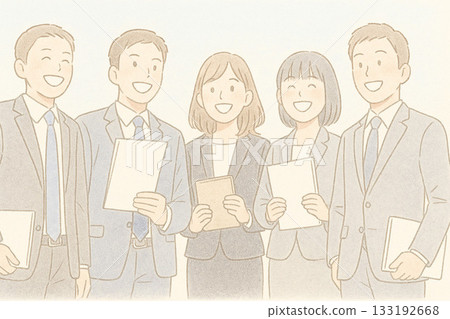 淺色鉛筆風格的求職插畫,五個微笑的學生,集體求職場景 淺色鉛筆風格的求職插畫,五個微笑的學生,集體求職場景 133192668