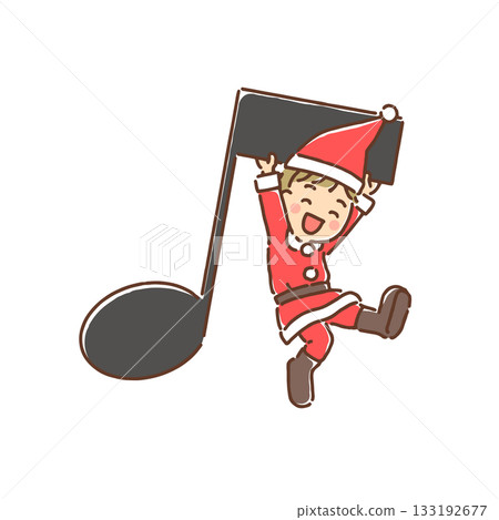 Boy dressed as Santa Claus hanging from musical notes, full color 133192677