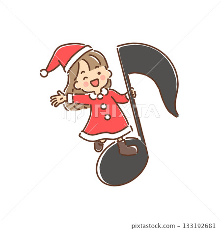 Girl dressed as Santa Claus waving on a musical note - full color Girl dressed as Santa Claus waving on a musical note - full color 133192681
