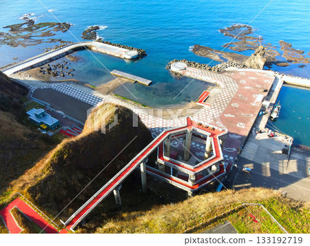 Aerial view of Genwadai Beach Pool in Otobe Town, Hokkaido in late autumn 133192719