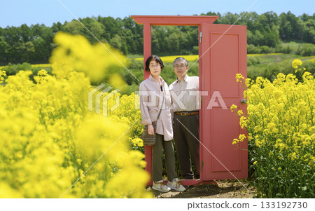 一對老年夫婦在盛開的油菜花田中觀光（高度修圖版） 133192730