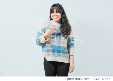 Young asian girl making PLEASE gesture in sign language. Beautiful woman gesturing PLEASE in nonverbal language isolated Young asian girl making PLEASE gesture in sign language. Beautiful woman gesturing PLEASE in nonverbal language isolated 133192846