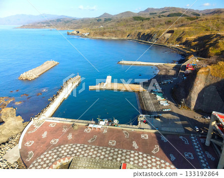 Aerial view of Genwa fishing port in Otobe town in late autumn 133192864