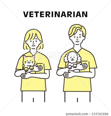 獸醫抱著一隻狗和一隻貓的插圖 133192886
