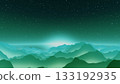 Dreamy abstract landscape with soft layered mountain silhouettes in turquoise teal gradient and atmospheric fog under starry night sky background 133192935