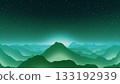 Abstract layered mountain landscape with turquoise and teal gradient, atmospheric mist effect and starry night sky, minimalist nature background 133192939