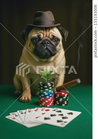 Pug dog wearing hat with poker chips, cards, and cigar on green table 133193006