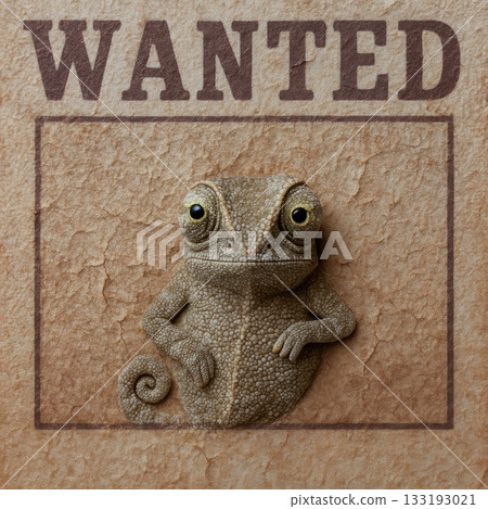 Chameleon posing on vintage wanted poster background with textured paper 133193021