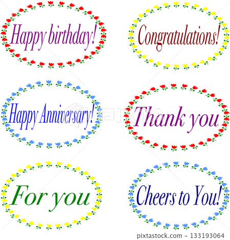 Convenient for message cards, decorations, and stickers. Set of 6 cute messages surrounded by tulips. 133193064