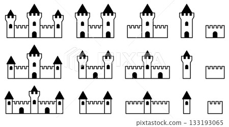 Set of vector illustrations of castles, forts and fortress icons of various shapes 133193065