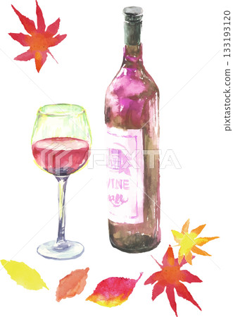 秋葉和紅酒的水彩插圖向量圖 133193120