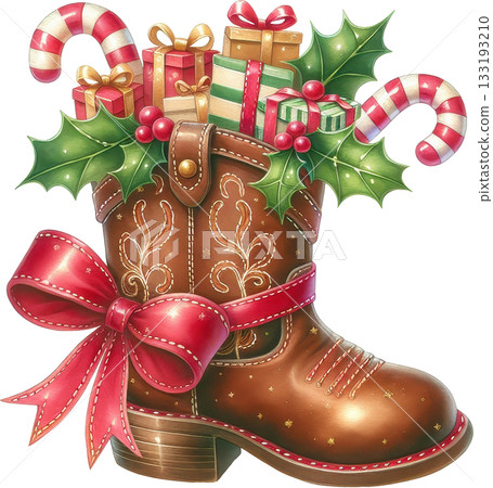 A Christmas cowboy boot overflows with gifts candy canes and holly A Christmas cowboy boot overflows with gifts candy canes and holly 133193210