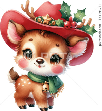 A cute cartoon fawn wearing a festive Christmas cowboy hat A cute cartoon fawn wearing a festive Christmas cowboy hat 133193212