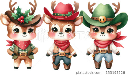 Adorable cartoon deer dressed as cowboys with festive holiday elements 133193226