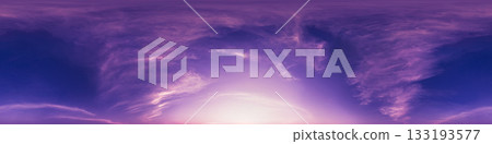 Sunset sky with bright glowing pink Cirrus clouds. Seamless spherical HDR 360 panorama. Full zenith or sky dome in 3D, sky replacement for aerial drone panoramas. Climate and weather change. 133193577