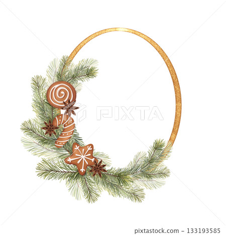 Isolated illustration of an oval golden frame decorated with hand-drawn pine branches, gingerbread cookies, and star anise. Design for Christmas card, winter holiday invitation or festive product Isolated illustration of an oval golden frame decorated with hand-drawn pine branches, gingerbread cookies, and star anise. Design for Christmas card, winter holiday invitation or festive product 133193585