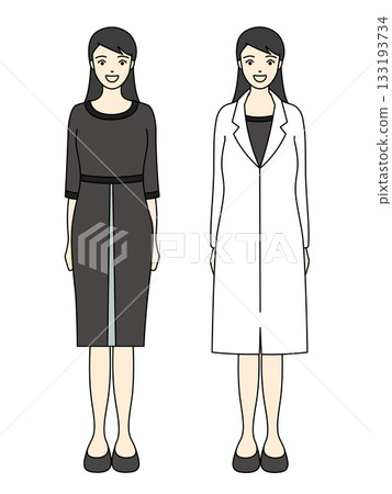 一位身穿黑色連身裙和白色外套的女性的正式全身插畫 133193734