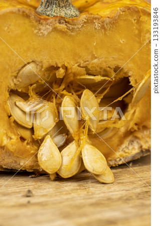 cut small yellow pumpkins covered with harmful dangerous mold, spoiled pumpkins that have begun to rot and become covered with mold cut small yellow pumpkins covered with harmful dangerous mold, spoiled pumpkins that have begun to rot and become covered with mold 133193846
