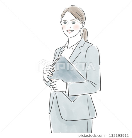 A woman in a suit standing with a smile and holding a document in her hand A woman in a suit standing with a smile and holding a document in her hand 133193911