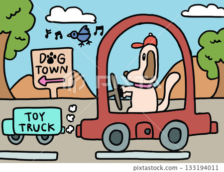 Cute hand drawn scenery of puppy driving a red car, DOG TOWN, toy truck, mountain, tree, bird singing, clear blue sky for background, wallpaper, backdrop, pet shop, vet, transportation, animal print Cute hand drawn scenery of puppy driving a red car, DOG TOWN, toy truck, mountain, tree, bird singing, clear blue sky for background, wallpaper, backdrop, pet shop, vet, transportation, animal print 133194011