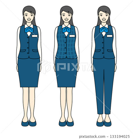 身穿藍色背心和裙子/褲子的微笑女子全身插畫 133194025