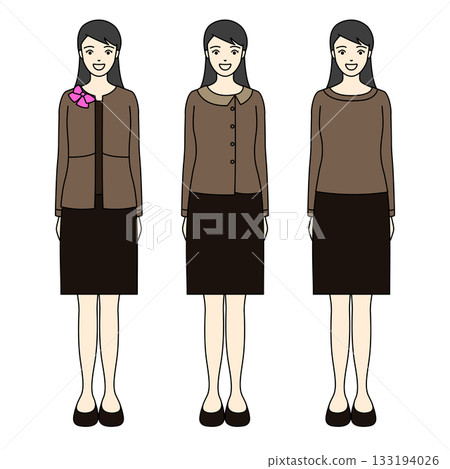 Full-body illustration of a woman in a brown jacket and skirt, or business attire 133194026