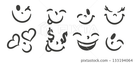 Vector set of hand drawn smile icons in brush style. Cute emotional faces, doodle expressions, playful minimal line art for stickers, design, prints and decoration Vector set of hand drawn smile icons in brush style. Cute emotional faces, doodle expressions, playful minimal line art for stickers, design, prints and decoration 133194064