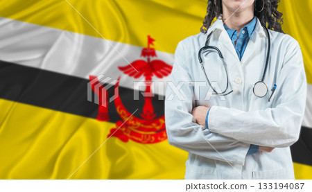 Medical professional on Brunei flag. Healthcare and wellness in Brunei, Concept 133194087